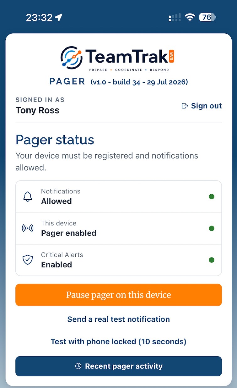 TeamTrak Pager on iPhone: pager status screen showing notifications allowed, pager enabled on this device and Critical Alerts enabled, with options to pause the pager or send a test notification