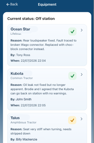 TeamTrak Rescue on mobile: equipment status list showing off-station items, reasons and who logged them