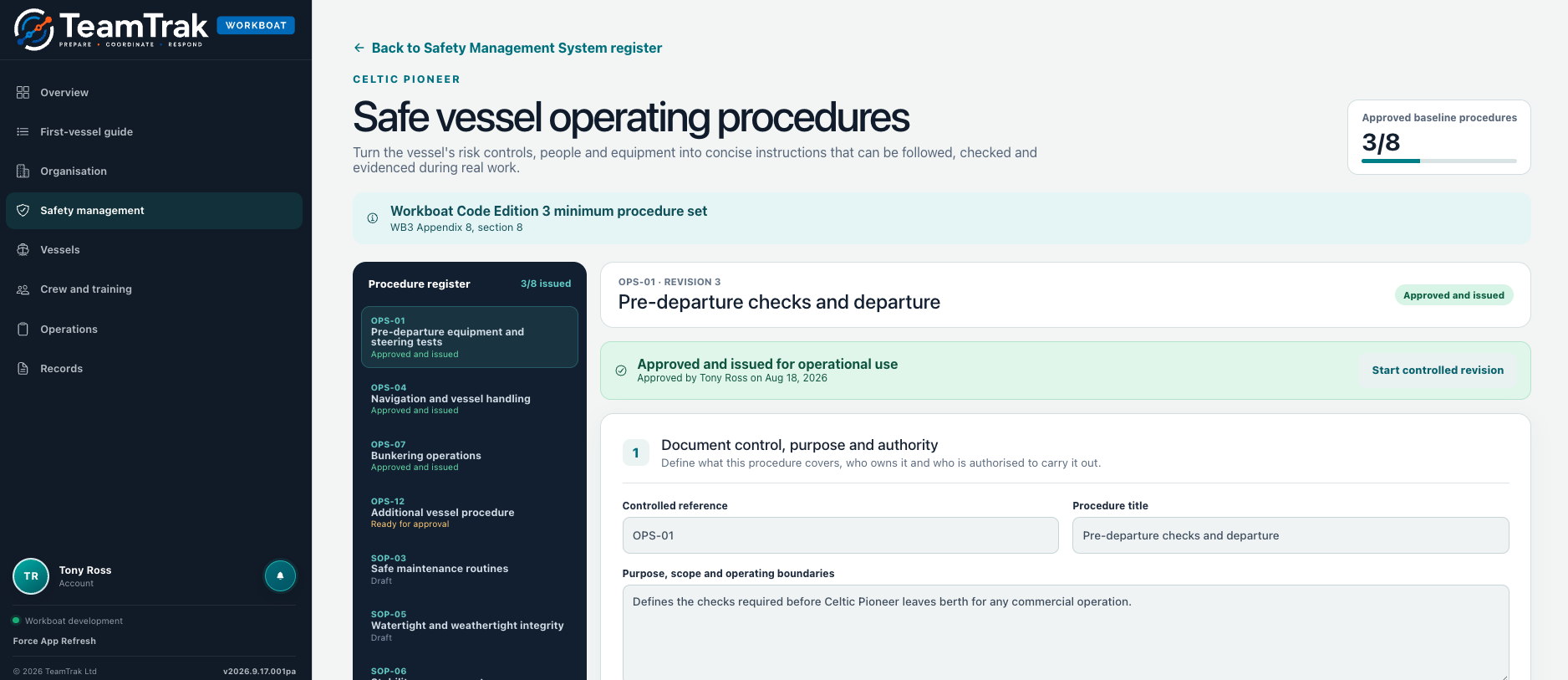 TeamTrak Workboat: safe vessel operating procedures module, showing the procedure register and approval status against Workboat Code Edition 3
