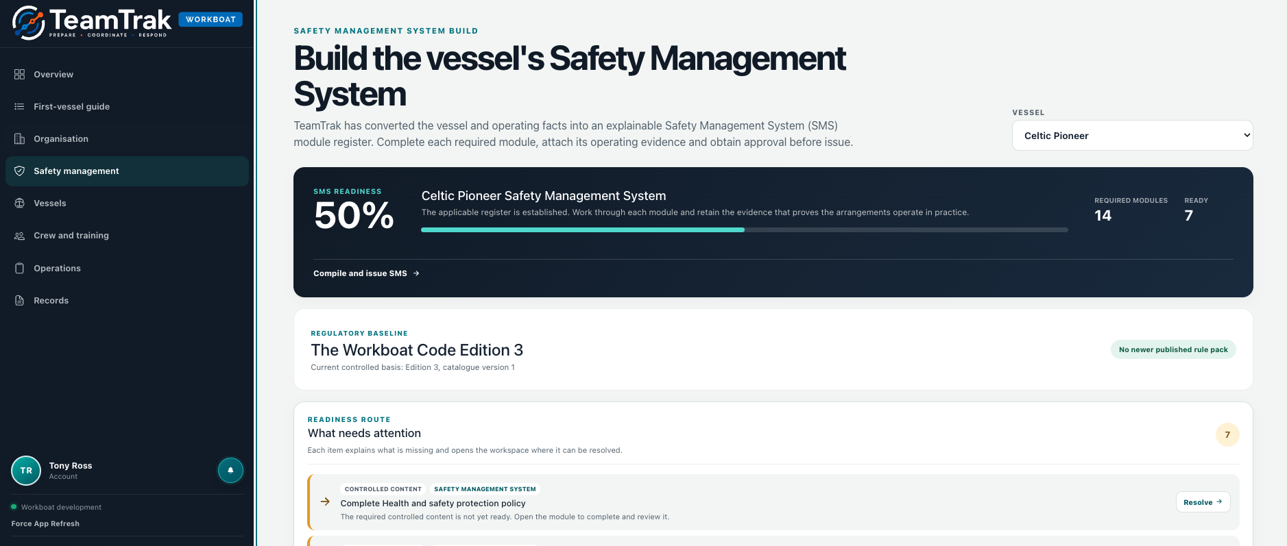 TeamTrak Workboat: safety management system build, showing SMS readiness and the module register